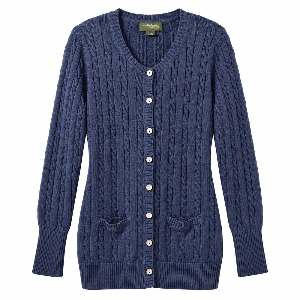 Vtg EDDIE BAUER Longline Cable Knit Cardigan Sweater Sz L Blue Belted Pockets
